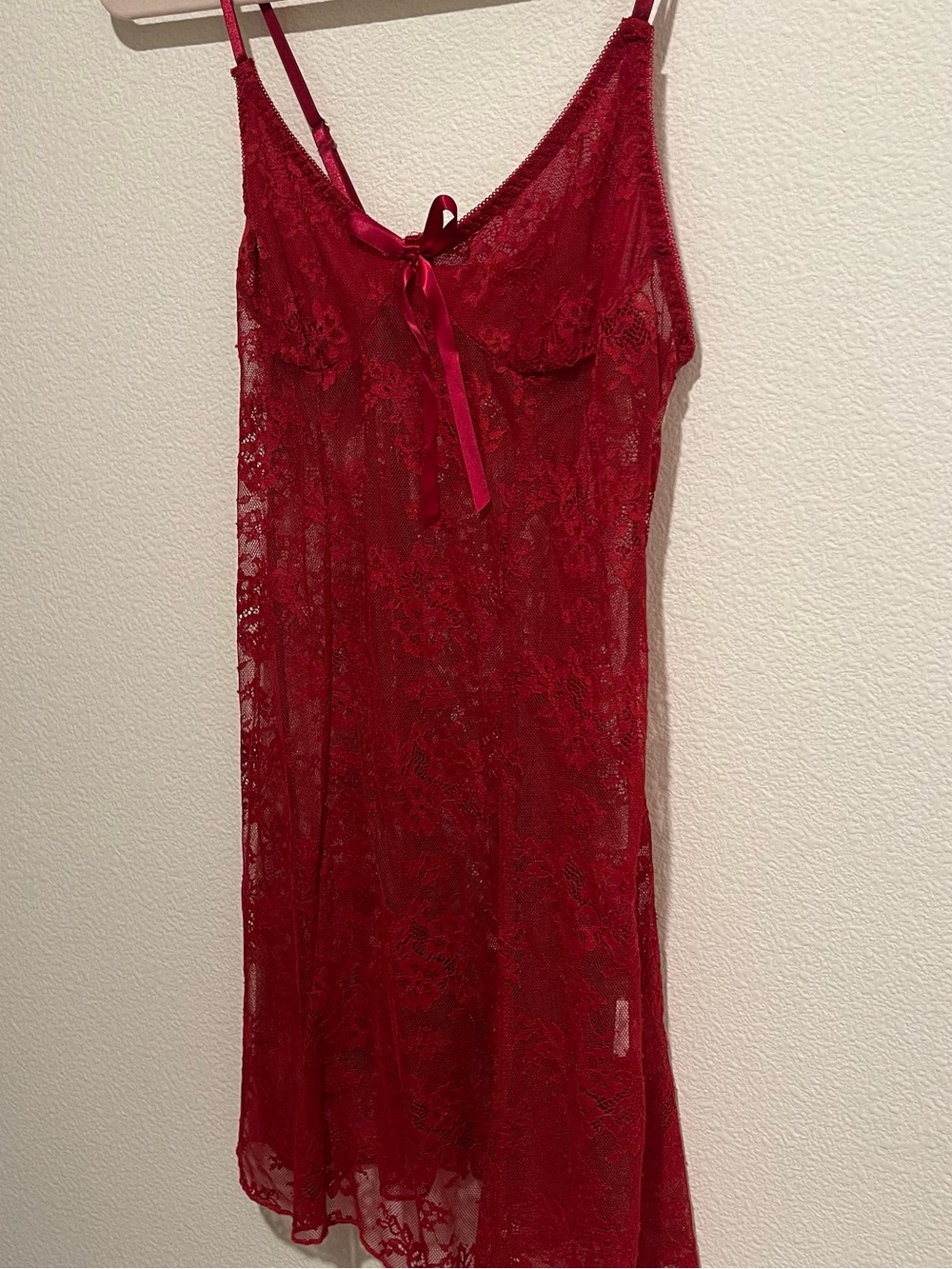 Red Lace Sheer Chemise with Satin Bow